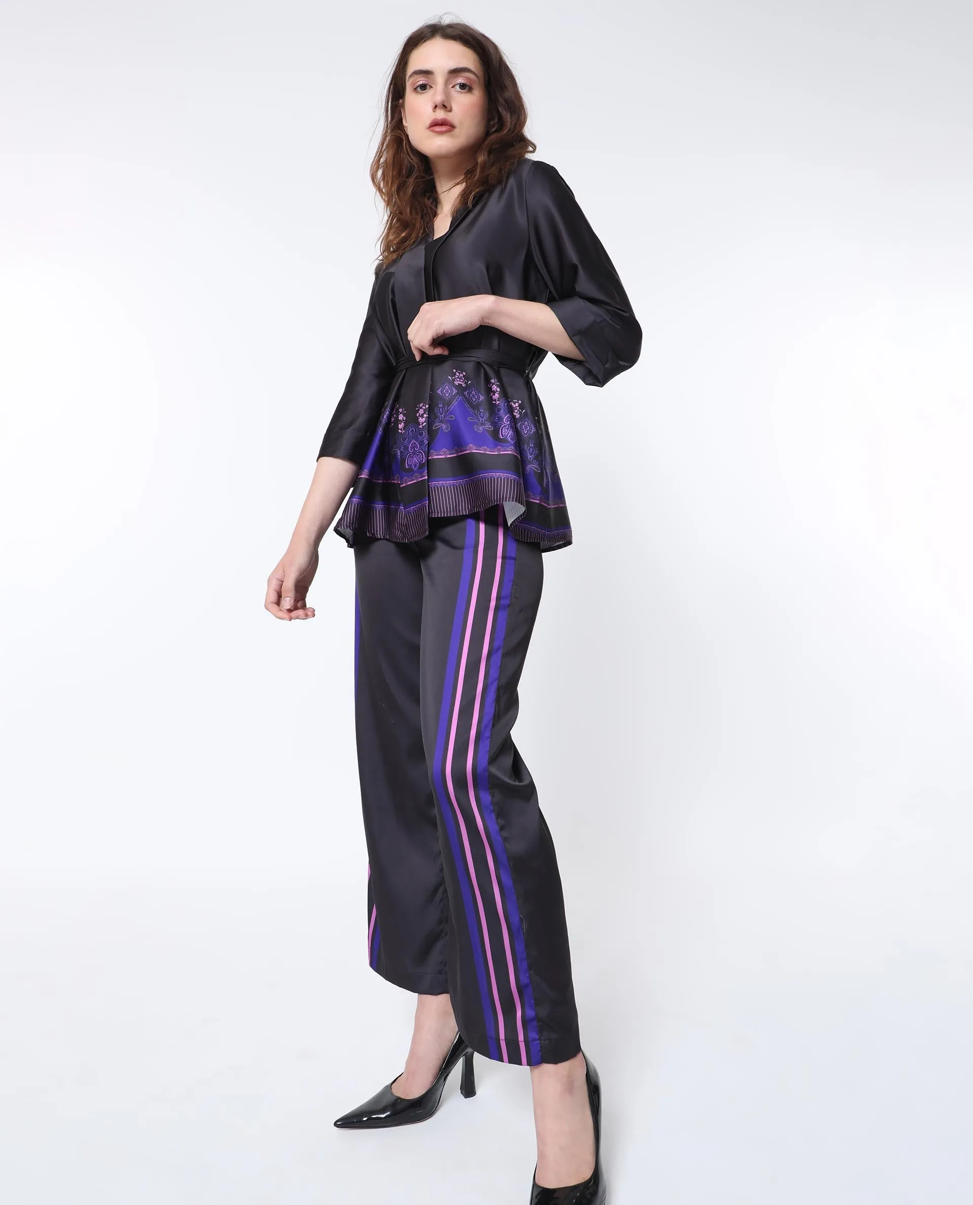 Rareism Women Craig Black Polyester Fabric Regular Fit Mid Rise Striped Ankle Length Trousers