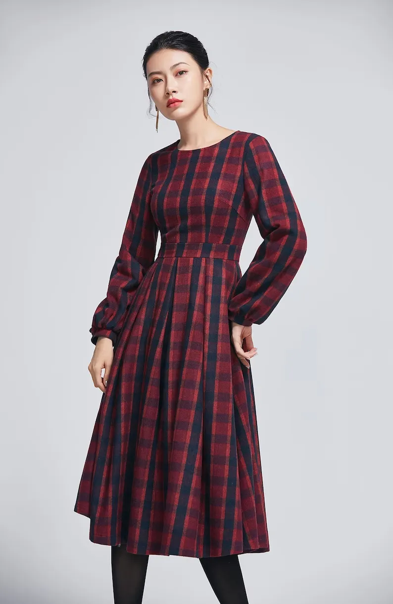 Retro plaid wool dress, midi wool dress 5404