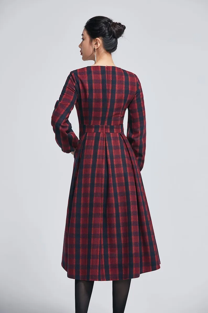 Retro plaid wool dress, midi wool dress 5404