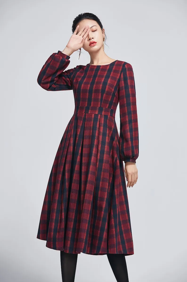 Retro plaid wool dress, midi wool dress 5404