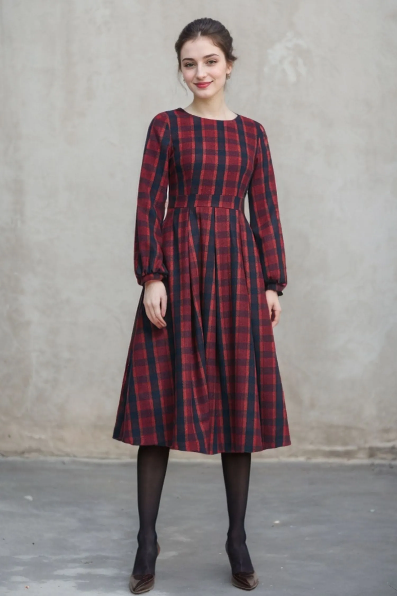 Retro plaid wool dress, midi wool dress 5404