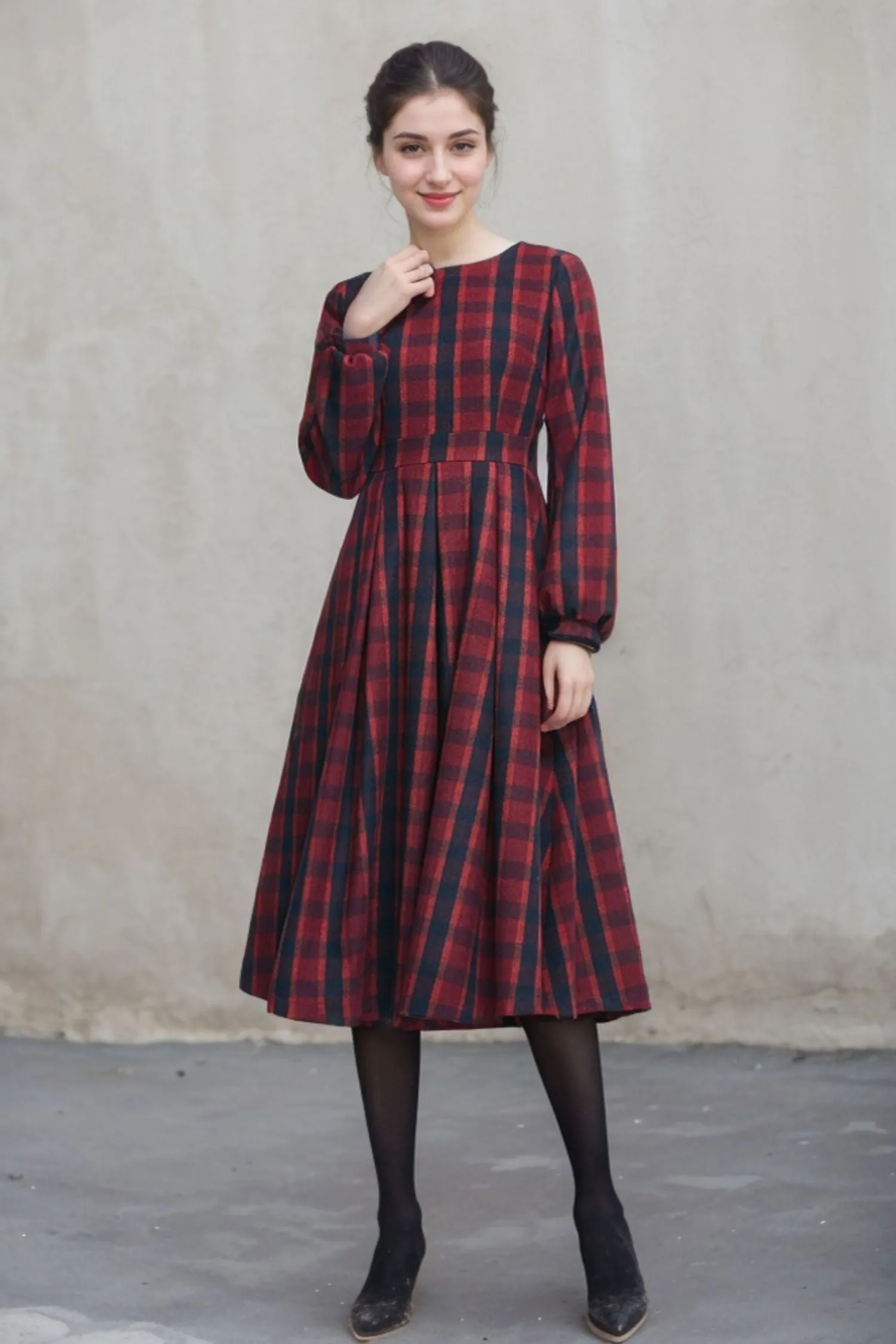 Retro plaid wool dress, midi wool dress 5404