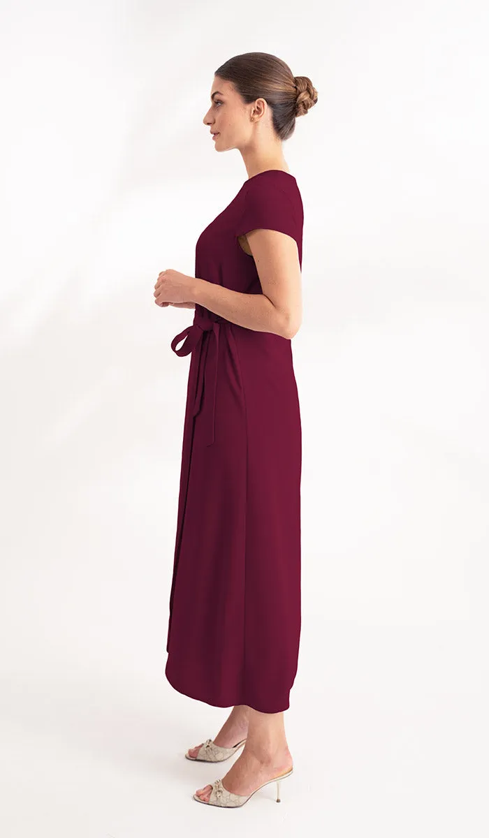 Sebil Modest Long Wrap Front Maxi Dress - Maroon - Final Sale