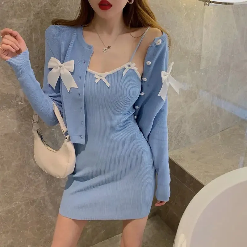 Sexy Bodycon Slip Dress Women Korean Style Kpop Knit Knitted Spaghetti Strap Blue Mini Short Dresses Autumn