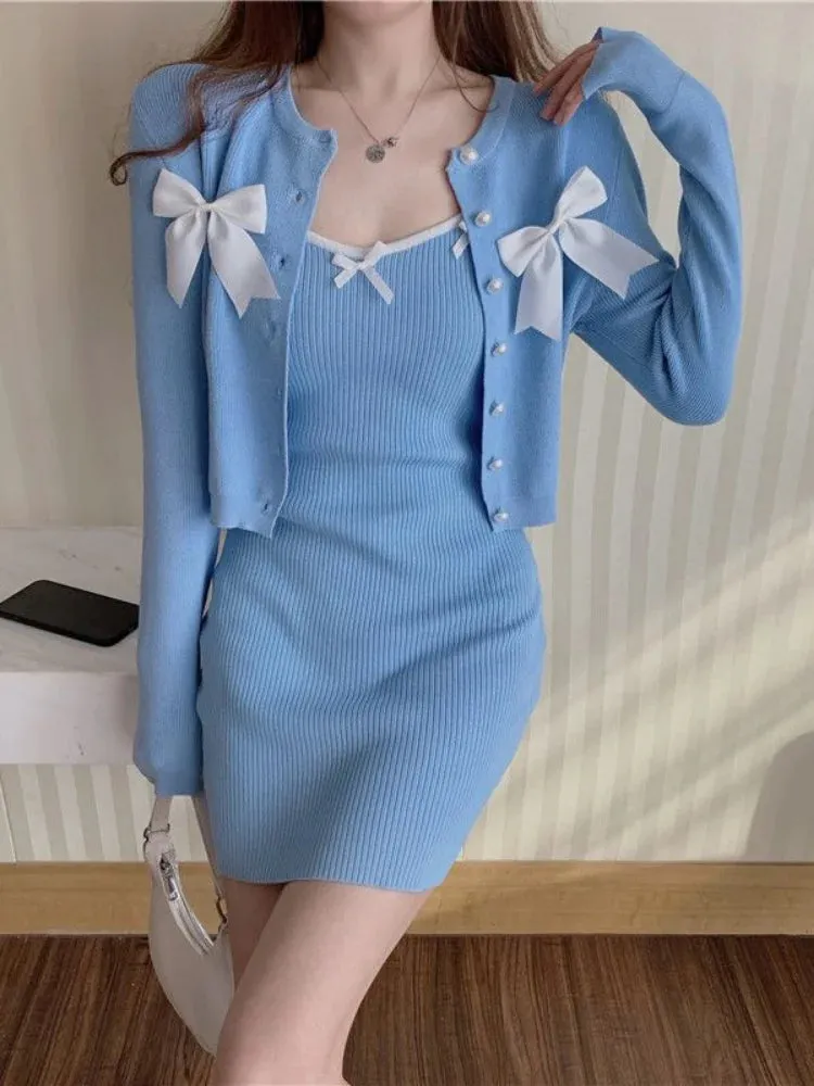 Sexy Bodycon Slip Dress Women Korean Style Kpop Knit Knitted Spaghetti Strap Blue Mini Short Dresses Autumn