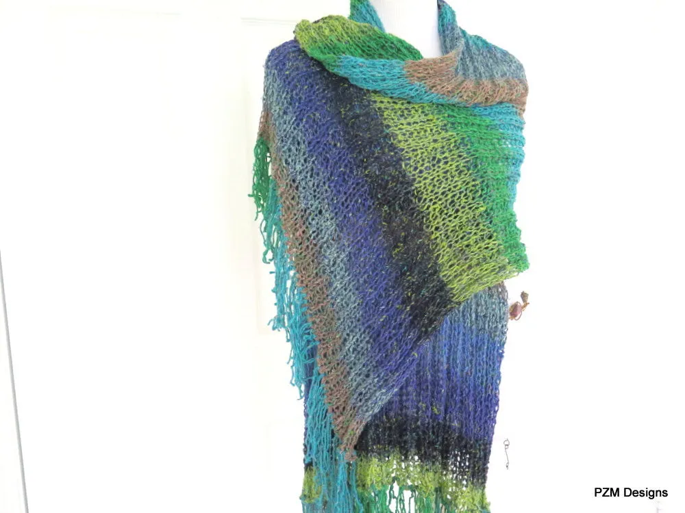 Silk Fringed Shawl, Multi Color Hand Knit Shawl, Gift for Her