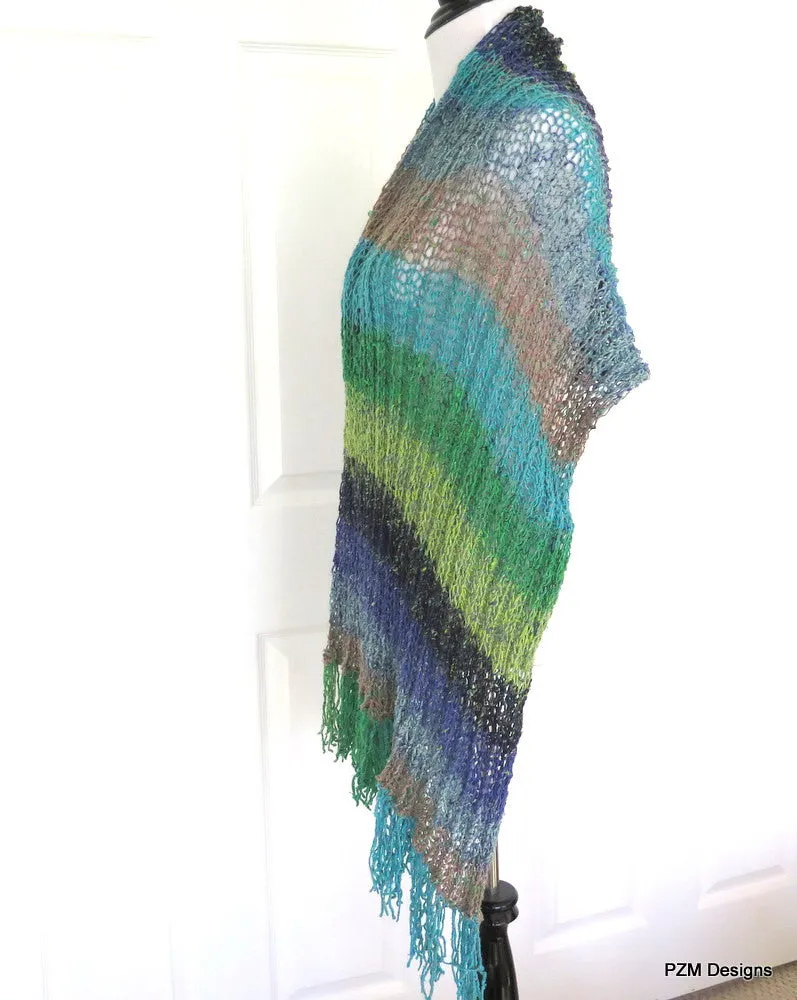 Silk Fringed Shawl, Multi Color Hand Knit Shawl, Gift for Her