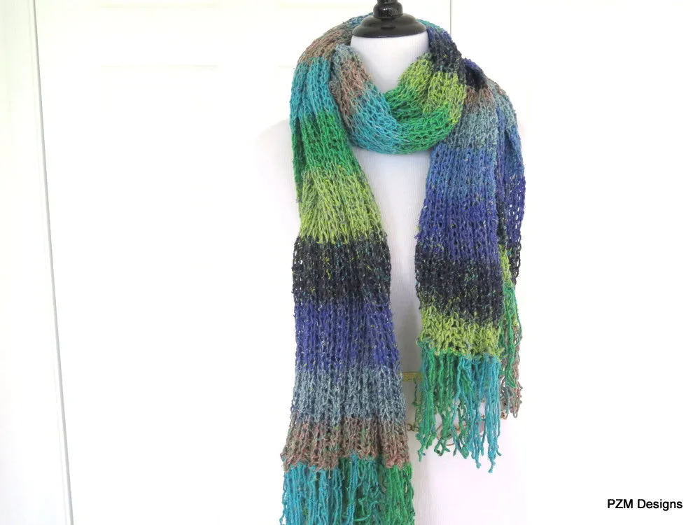 Silk Fringed Shawl, Multi Color Hand Knit Shawl, Gift for Her