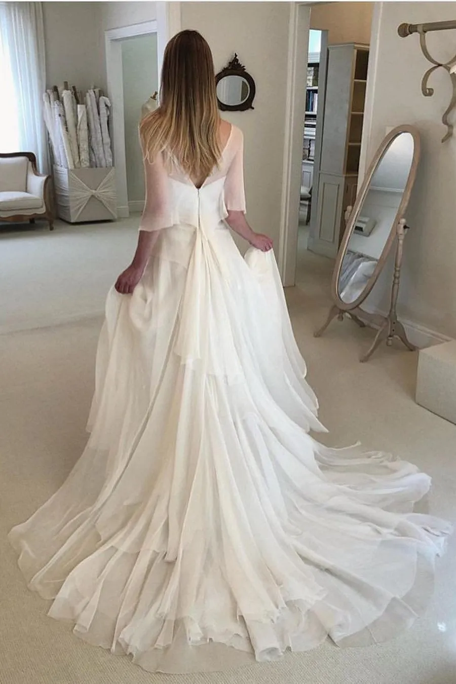 Simple Elegant Chiffon Beach Wedding Dresses with Wrap Sleeves, Unique Bridal Dress UQ1769