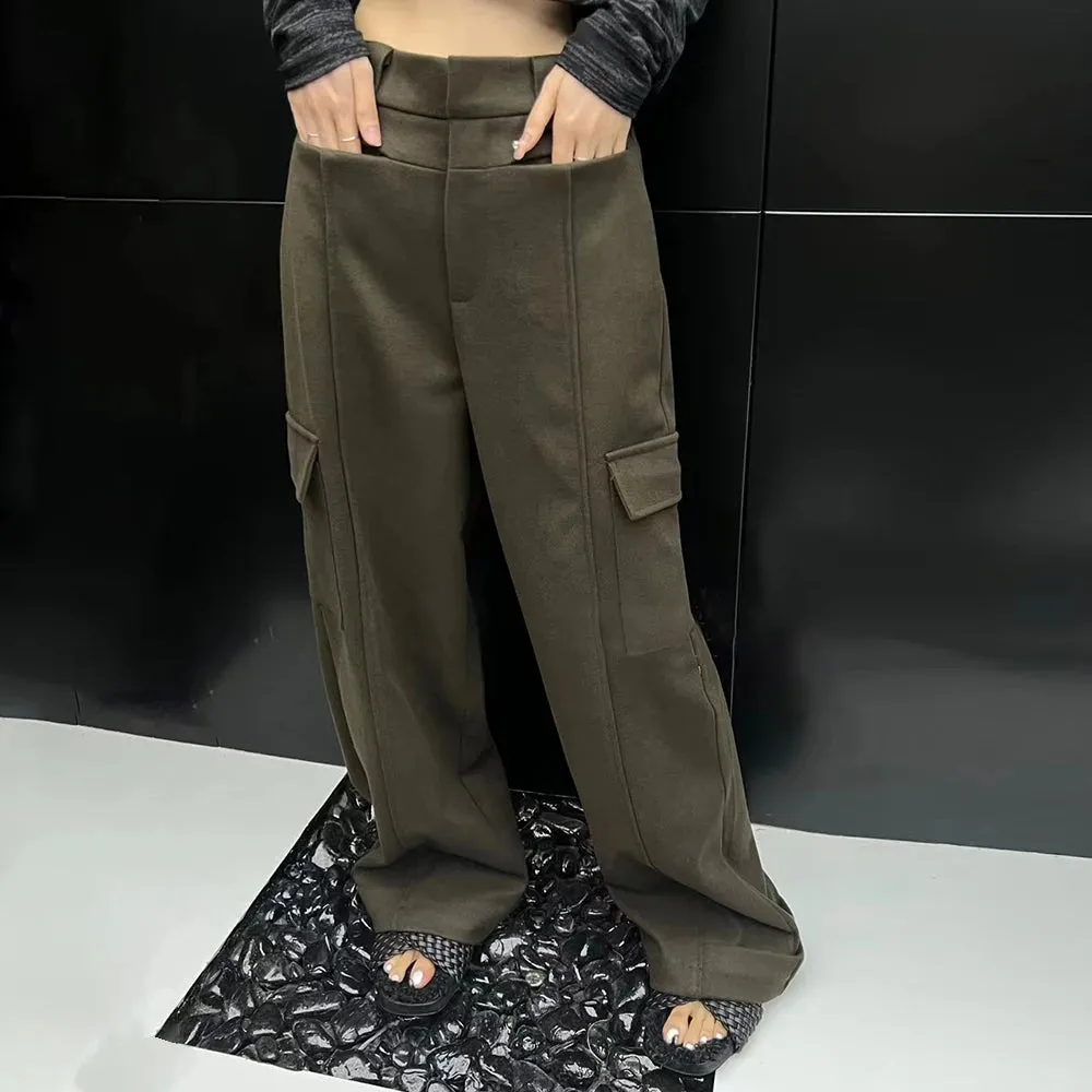 Solid Casual Patchwork Pockets Loose Pants For Women High Waist Minimalist Wide Leg Pant Female Fashion Clothing