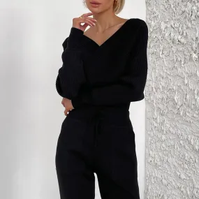 Solid Casual Two Piece Sets For Women V Neck Batwing Sleeve Tops High Waist Pants Minimalist Slimming Set Female Fashion