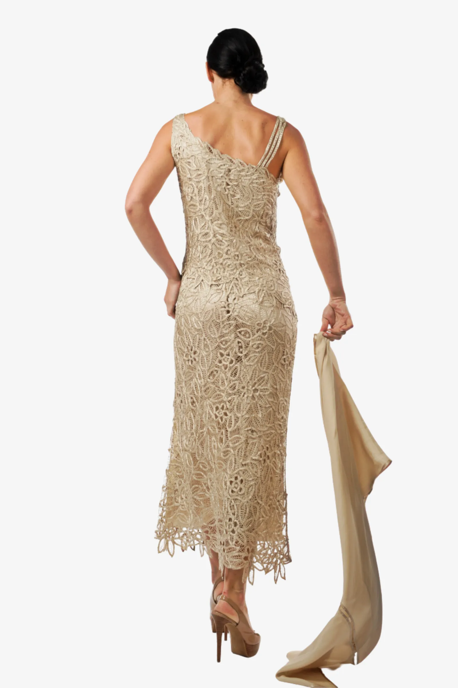 Soulmates C701 Hand Crocheted Lace Silk Sequin Evening Dress with Scarf