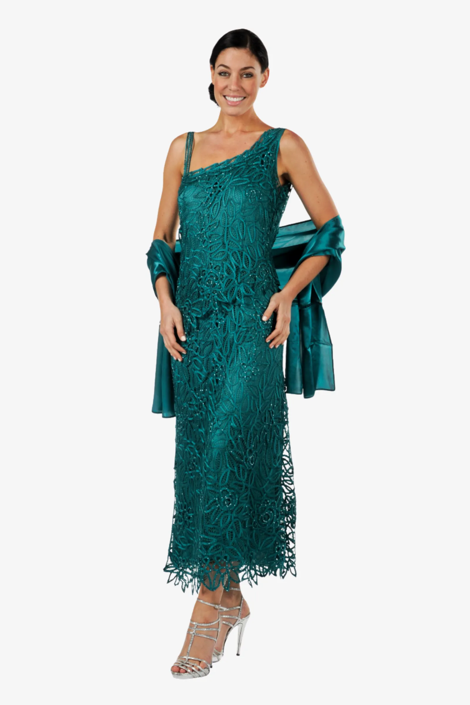 Soulmates C701 Hand Crocheted Lace Silk Sequin Evening Dress with Scarf