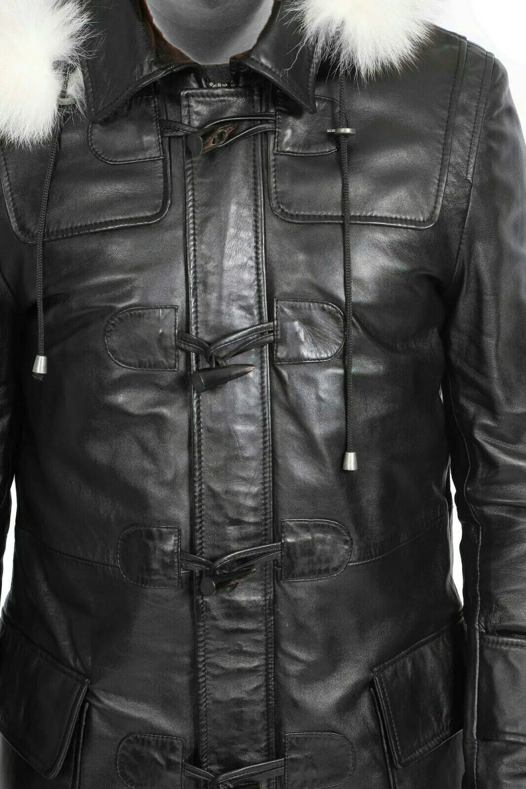 Spine Spark Men's Black Pure Leather Duffle Hood Coat & Jacket