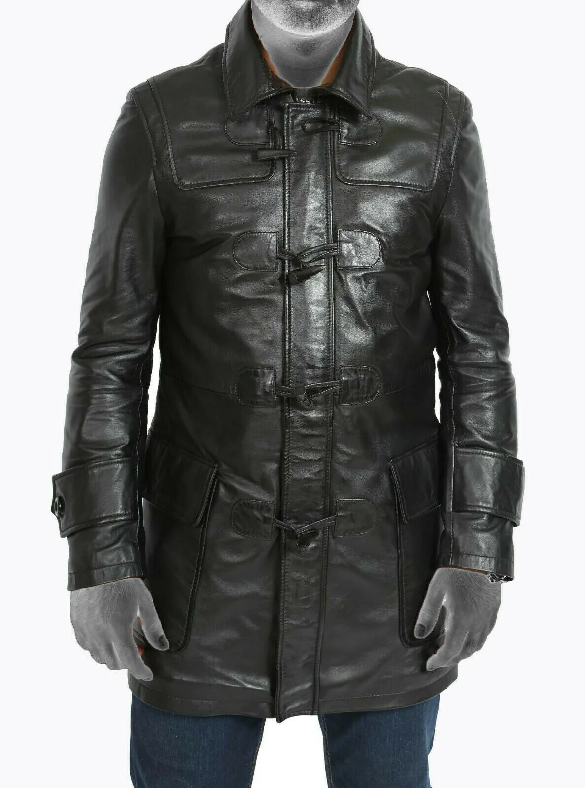 Spine Spark Men's Black Pure Leather Duffle Hood Coat & Jacket