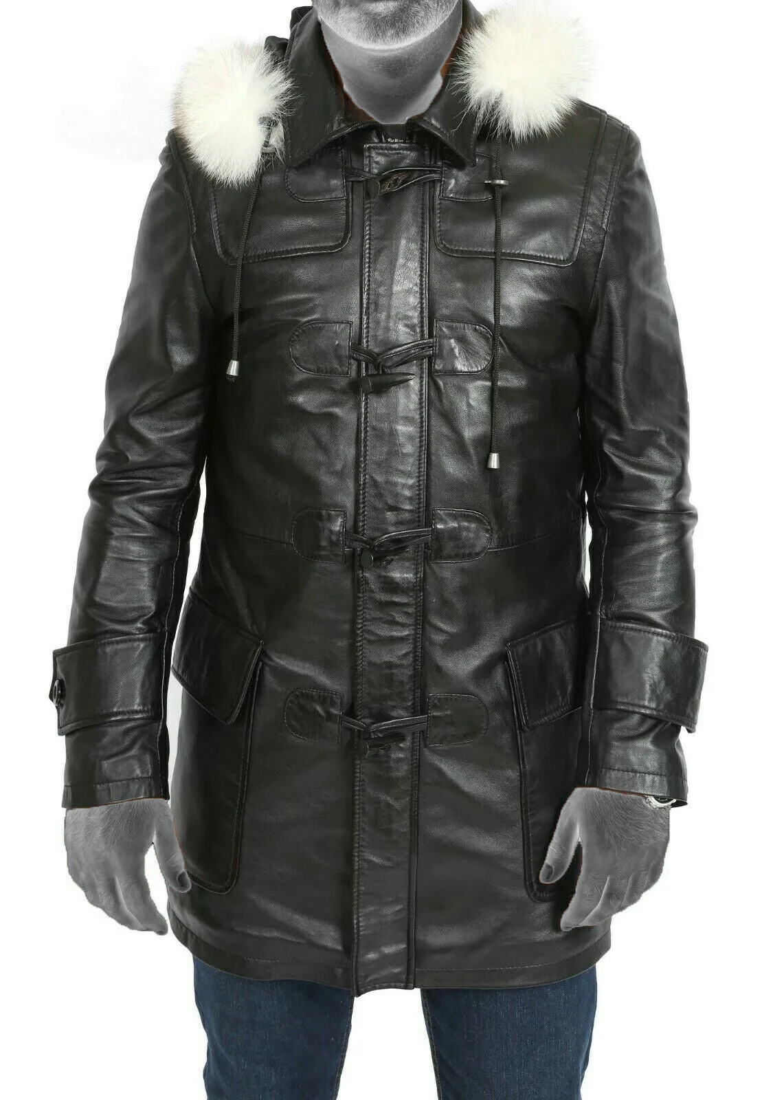 Spine Spark Men's Black Pure Leather Duffle Hood Coat & Jacket