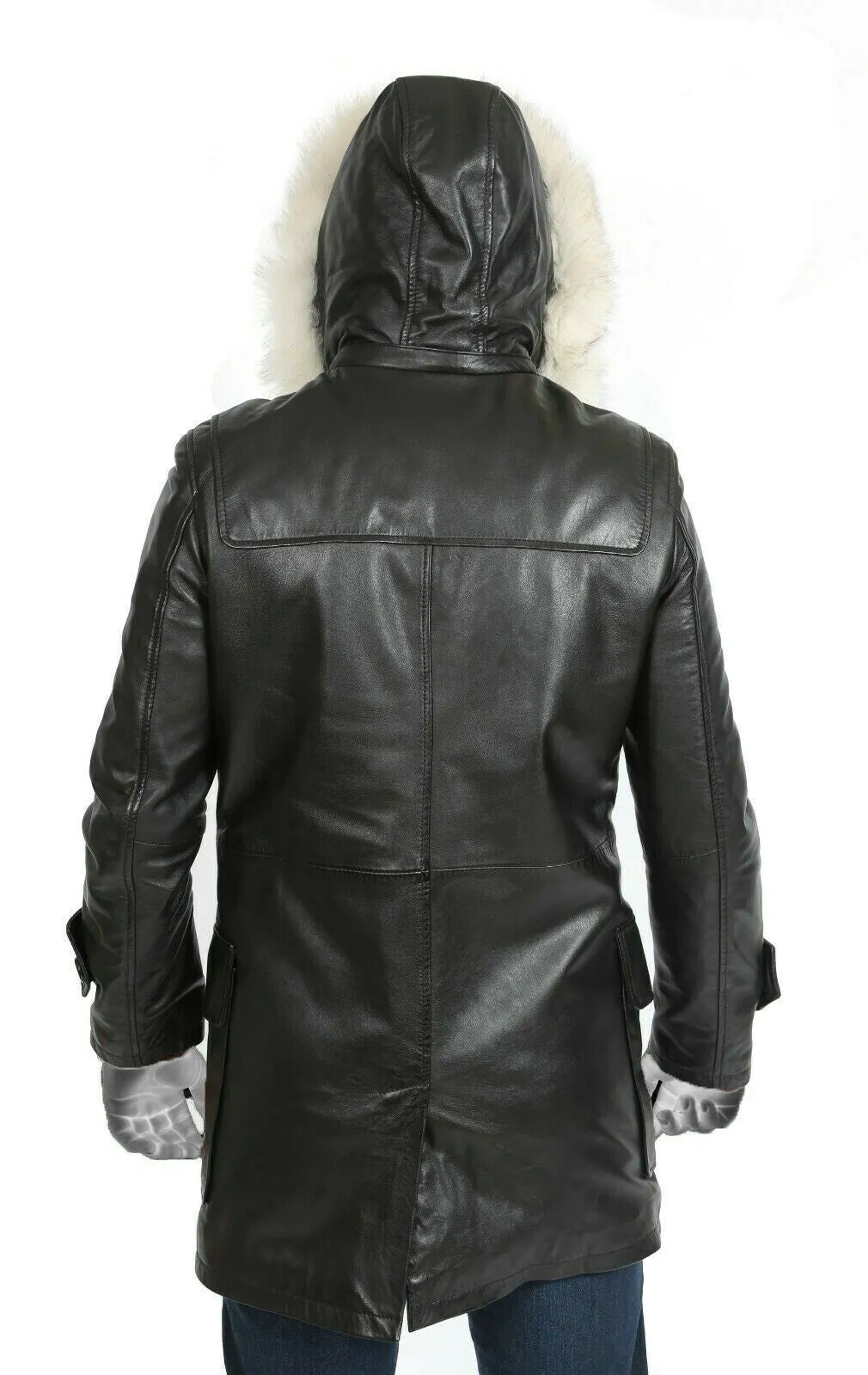 Spine Spark Men's Black Pure Leather Duffle Hood Coat & Jacket