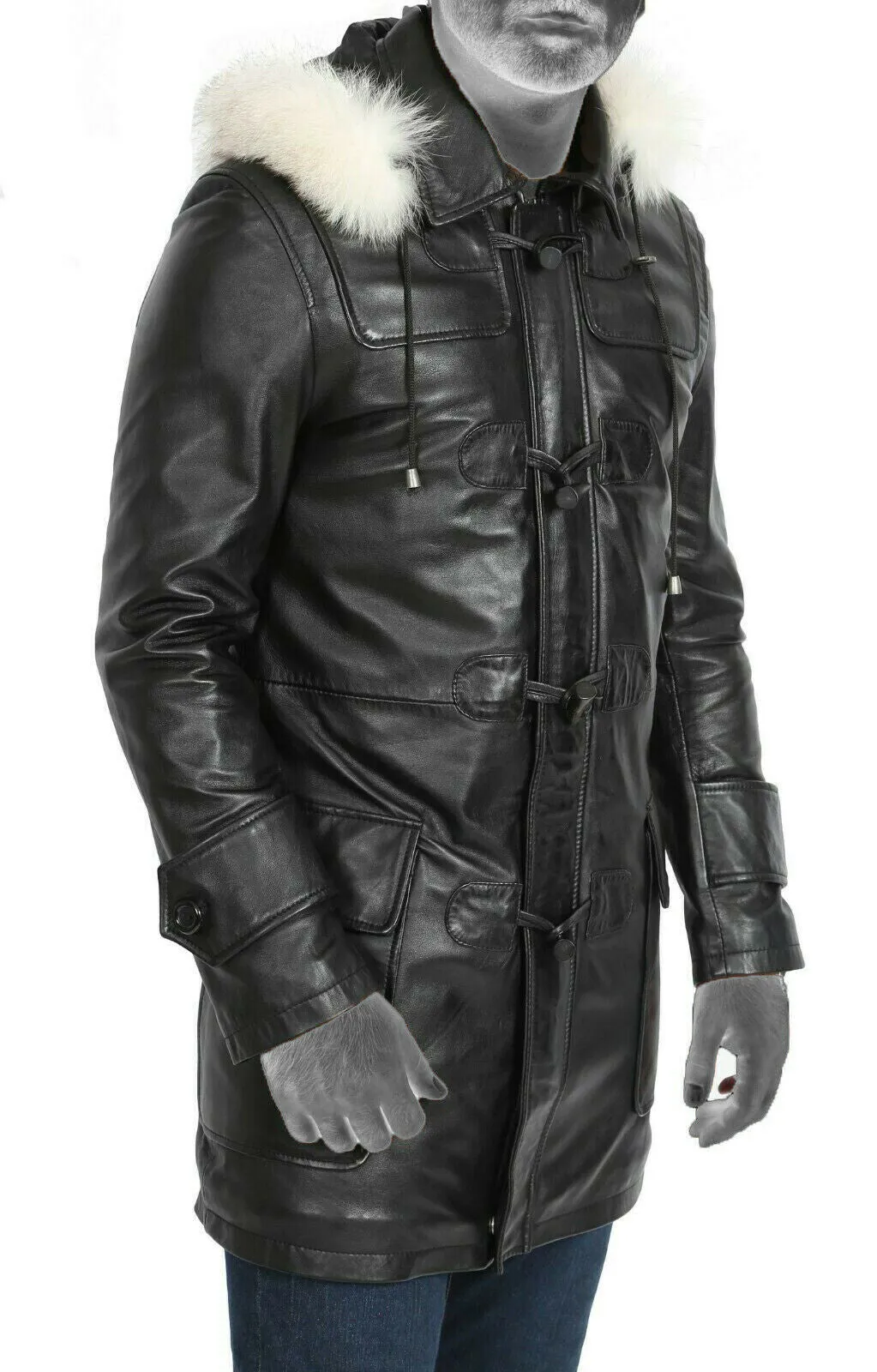 Spine Spark Men's Black Pure Leather Duffle Hood Coat & Jacket