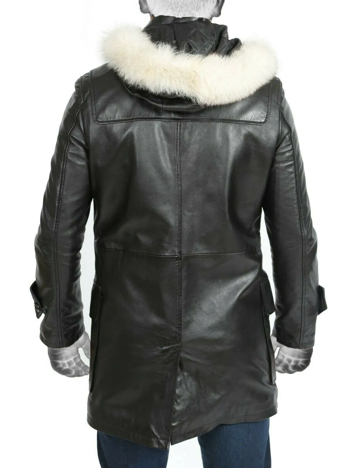 Spine Spark Men's Black Pure Leather Duffle Hood Coat & Jacket