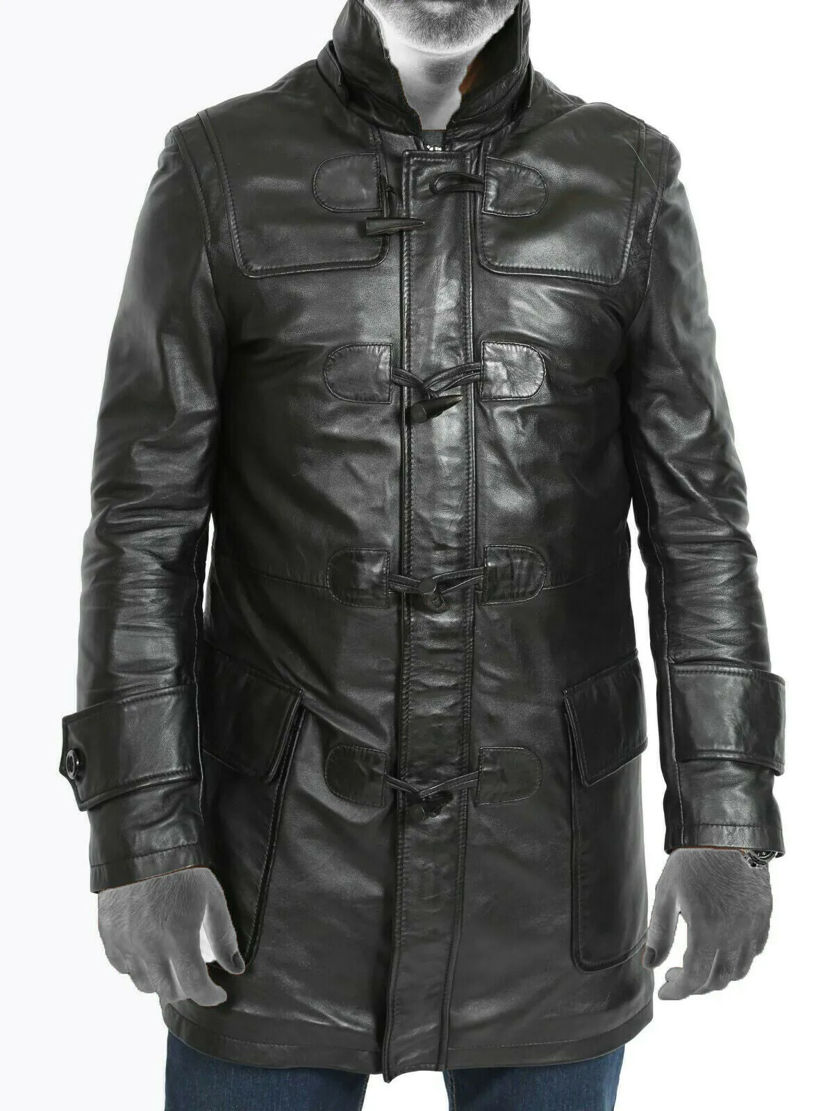 Spine Spark Men's Black Pure Leather Duffle Hood Coat & Jacket