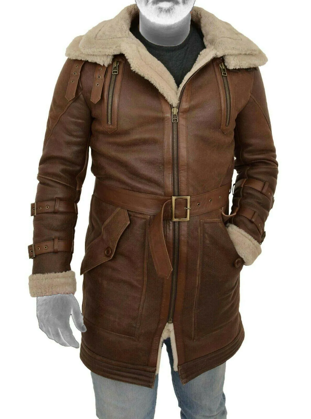 Spine Spark Men's Shearling Brown Duffle Coat Leather Jacket