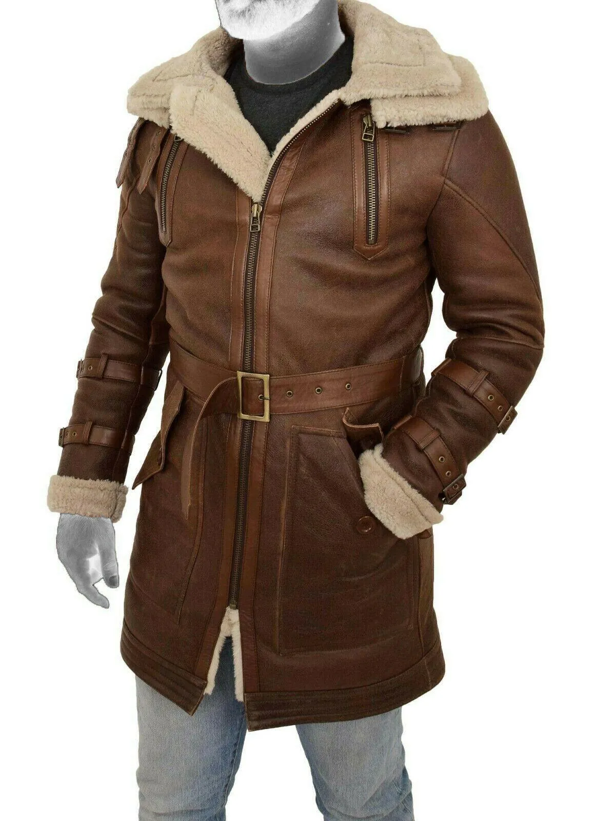 Spine Spark Men's Shearling Brown Duffle Coat Leather Jacket