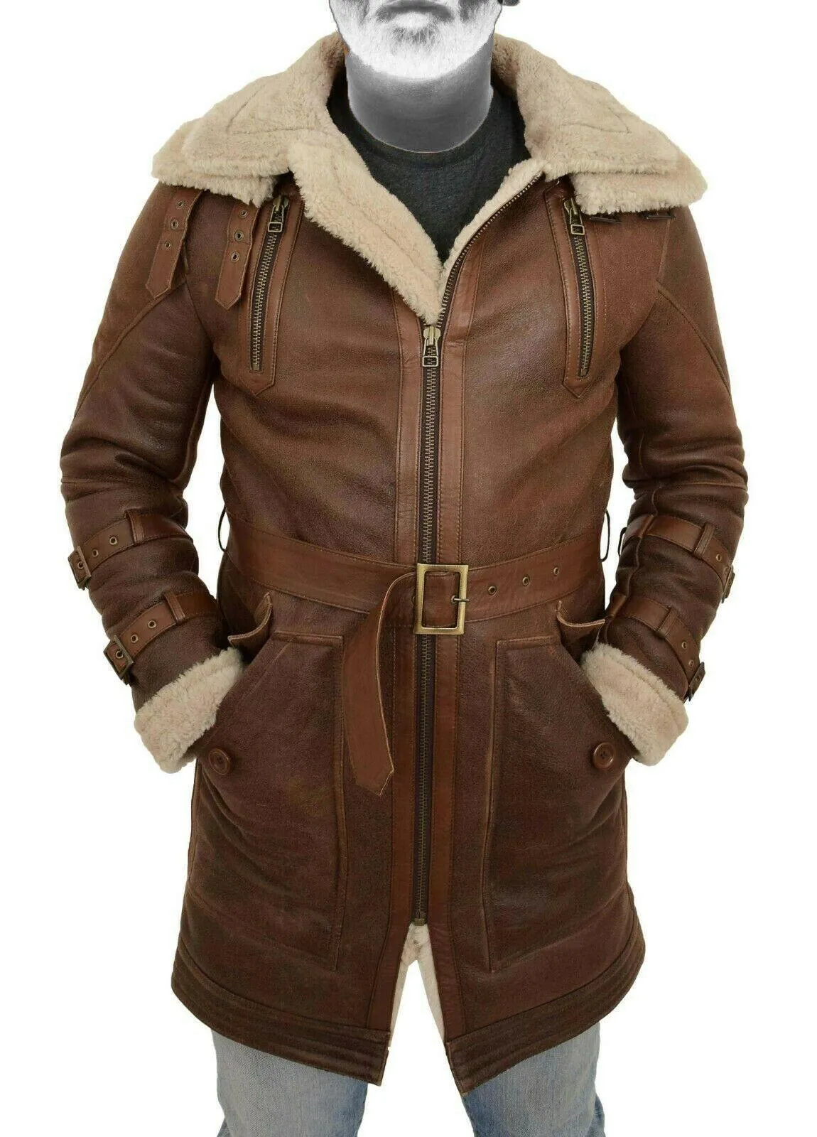 Spine Spark Men's Shearling Brown Duffle Coat Leather Jacket