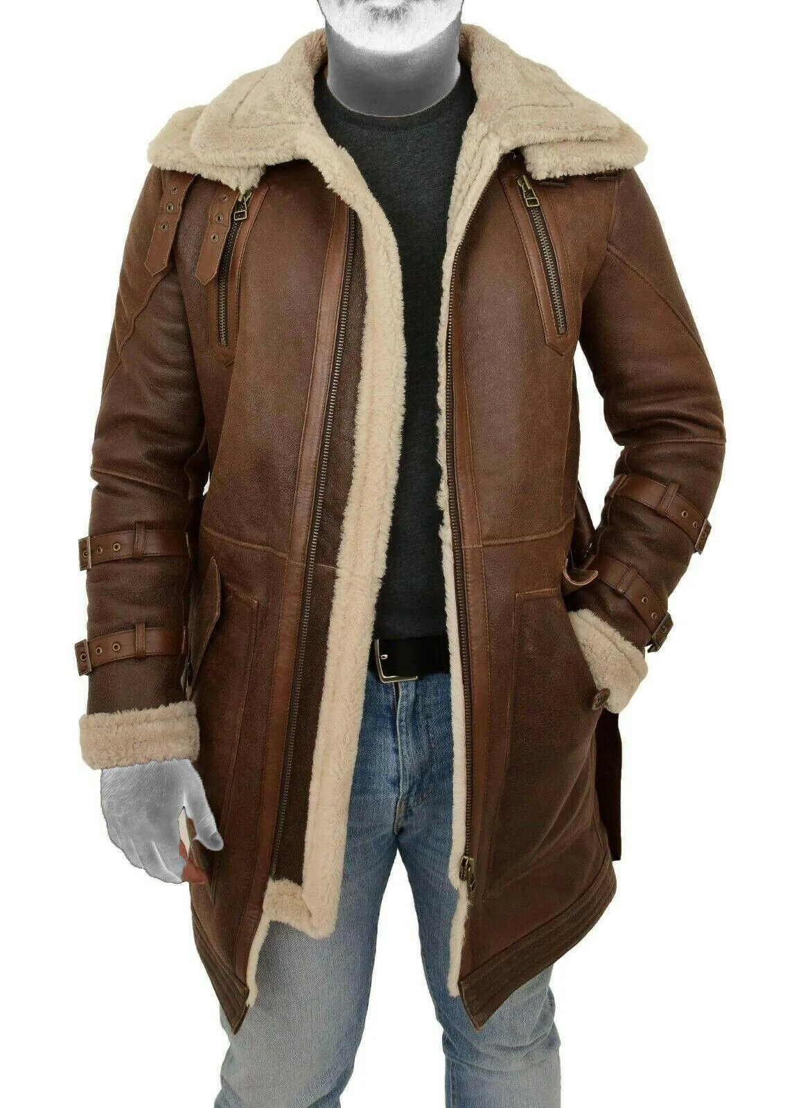 Spine Spark Men's Shearling Brown Duffle Coat Leather Jacket