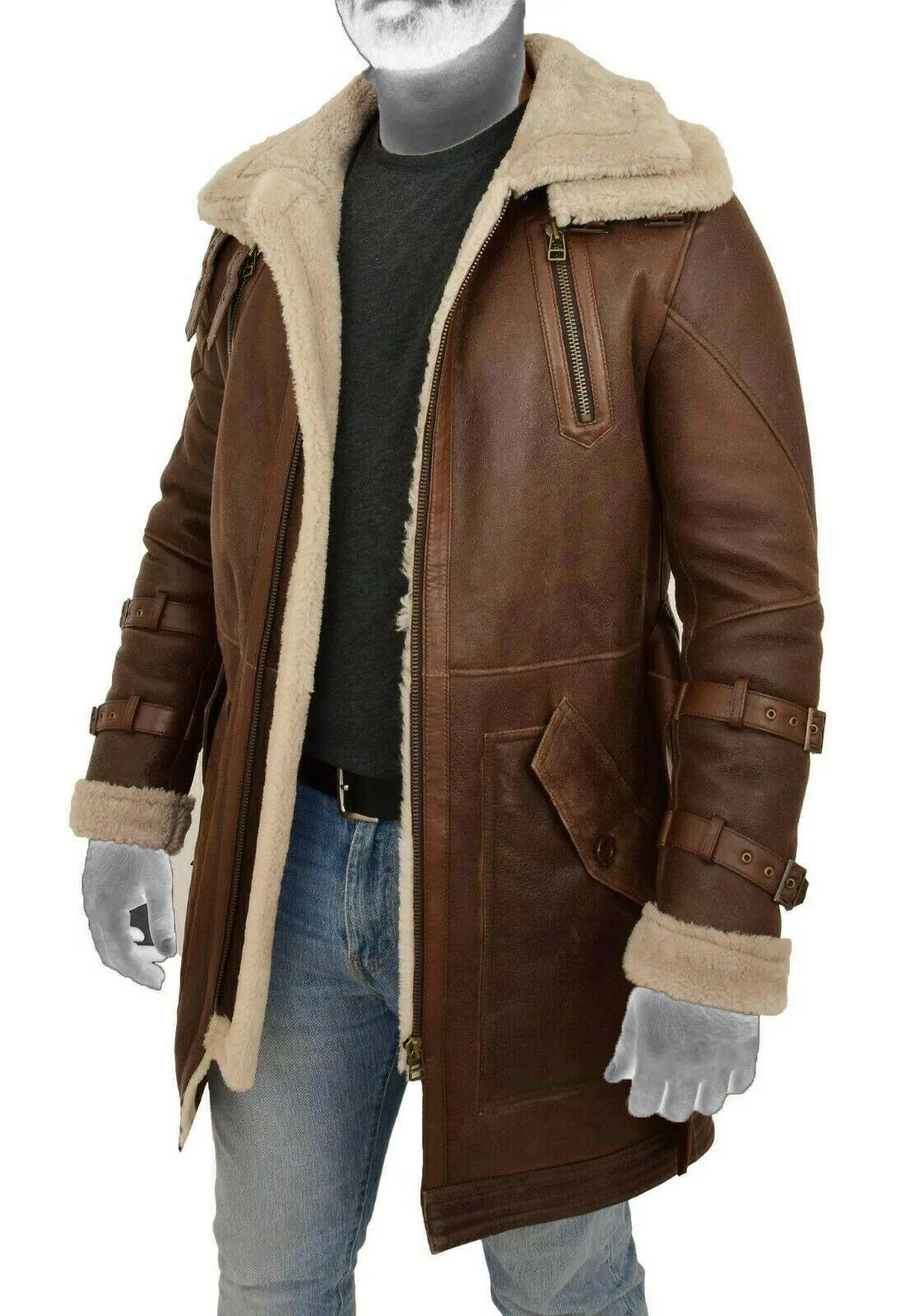 Spine Spark Men's Shearling Brown Duffle Coat Leather Jacket