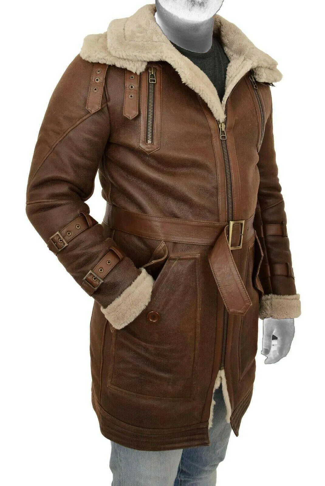 Spine Spark Men's Shearling Brown Duffle Coat Leather Jacket