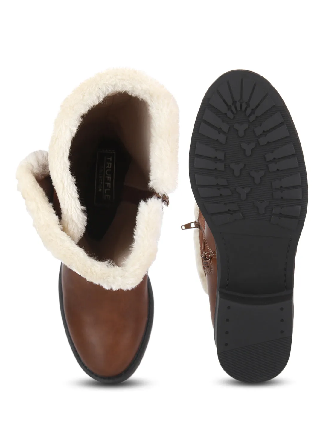 Tan PU Fur Buckle Long Boots