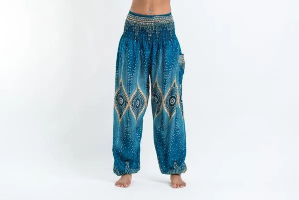 Unisex Diamond Peacock Harem Pants in Turquoise