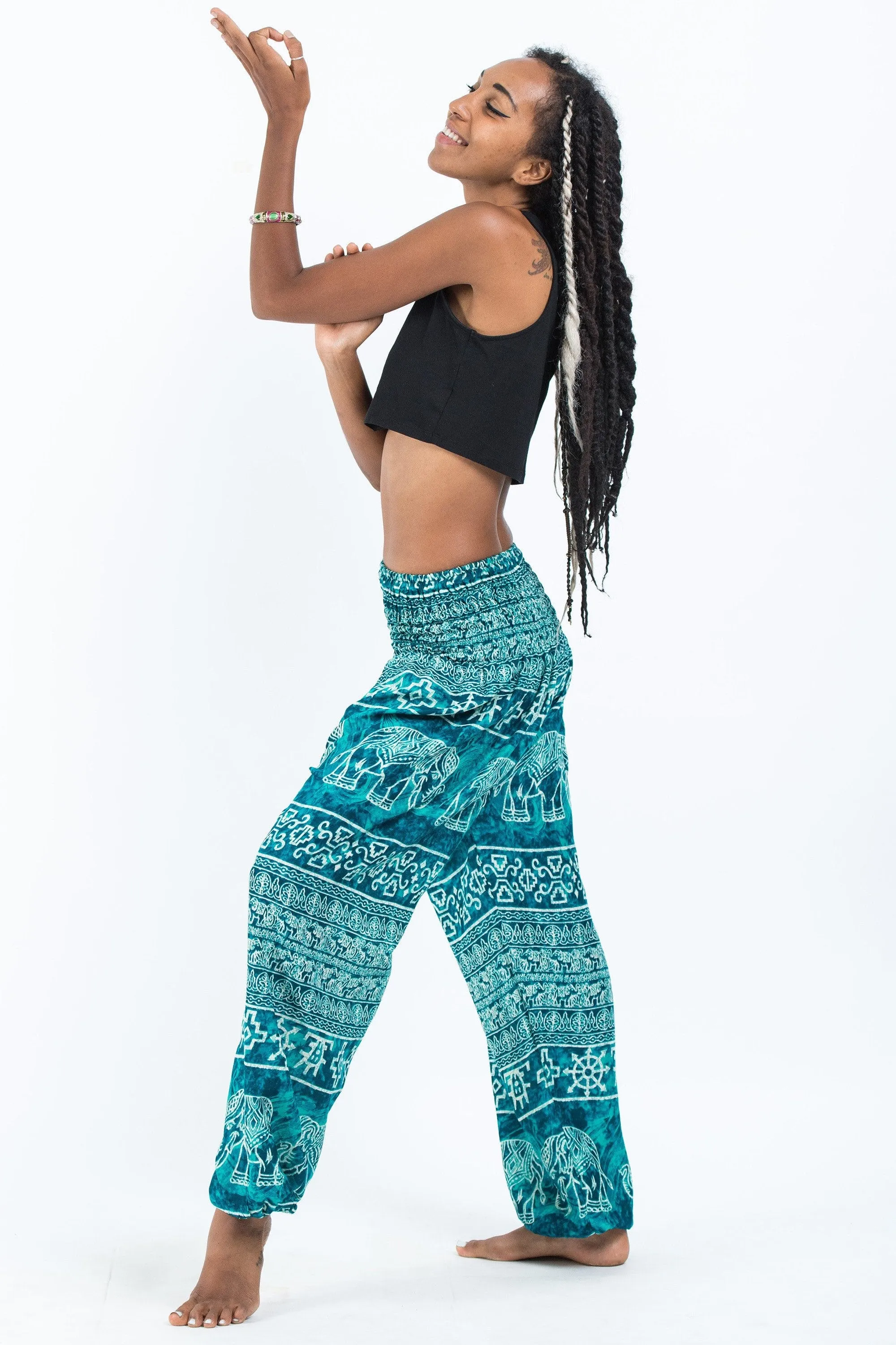 Unisex Marble Elephants Harem Pants in Turquoise