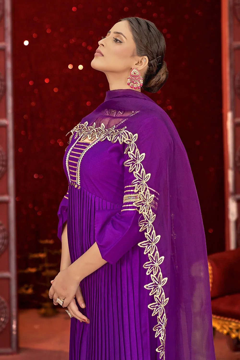 Violet Art Silk Alia Cut Anarkali Kurta Set with Trousers and Dupatta