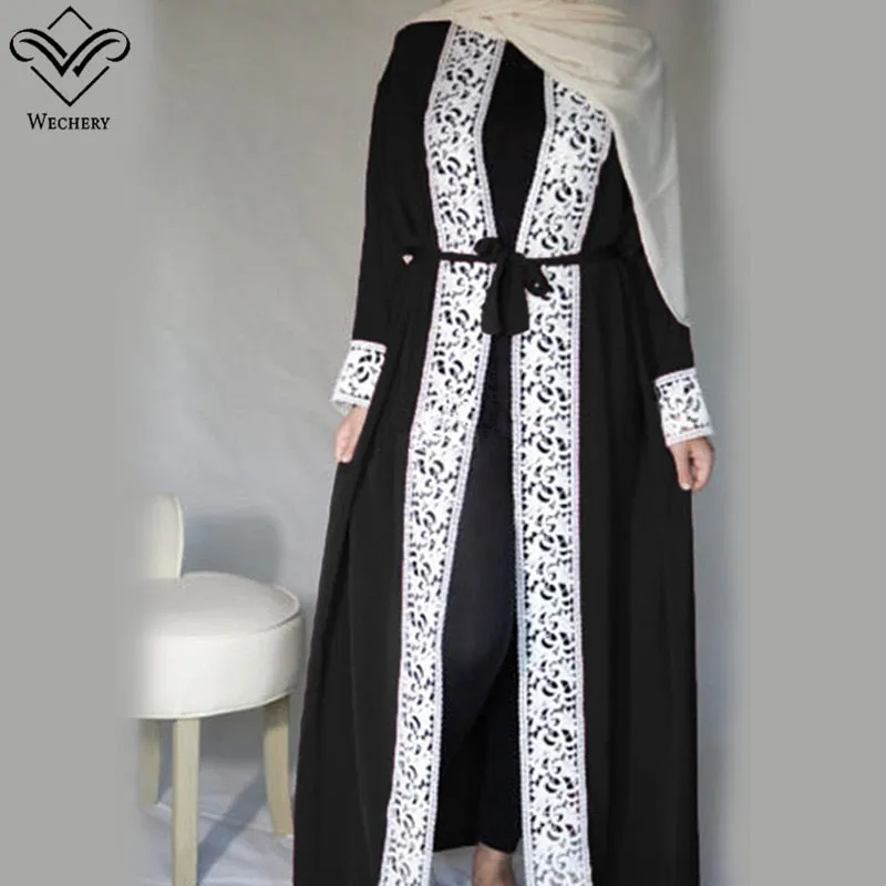 Wechery Elegant Open Abaya Womens Lace Smooth Dress Plus Size Loose Dress Adult Muslim Kaftan Jilbab Garments