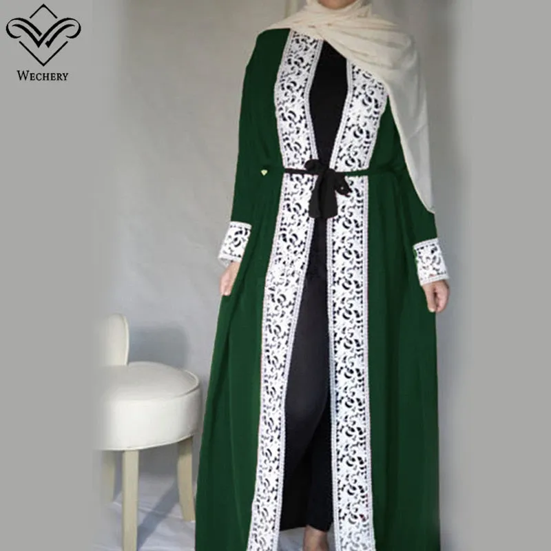 Wechery Elegant Open Abaya Womens Lace Smooth Dress Plus Size Loose Dress Adult Muslim Kaftan Jilbab Garments