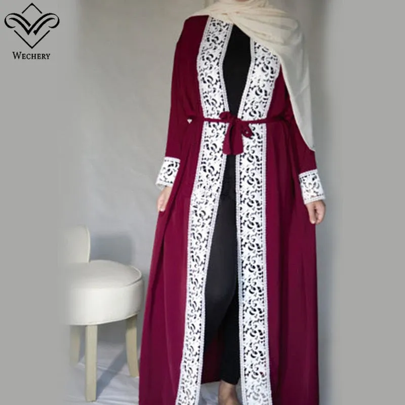 Wechery Elegant Open Abaya Womens Lace Smooth Dress Plus Size Loose Dress Adult Muslim Kaftan Jilbab Garments