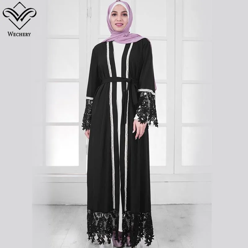 Wechery White Black Muslim Dress Robe Hijab Islam Lace Floral Abaya Women Maxi Islamic Clothing Eid Mubarak Garments