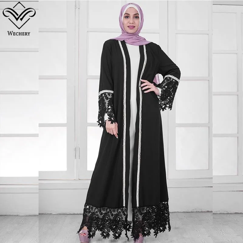 Wechery White Black Muslim Dress Robe Hijab Islam Lace Floral Abaya Women Maxi Islamic Clothing Eid Mubarak Garments