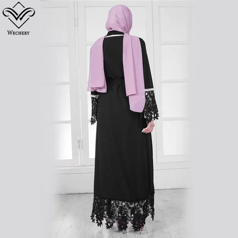 Wechery White Black Muslim Dress Robe Hijab Islam Lace Floral Abaya Women Maxi Islamic Clothing Eid Mubarak Garments