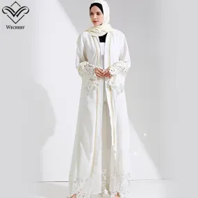 Wechery White Black Muslim Dress Robe Hijab Islam Lace Floral Abaya Women Maxi Islamic Clothing Eid Mubarak Garments