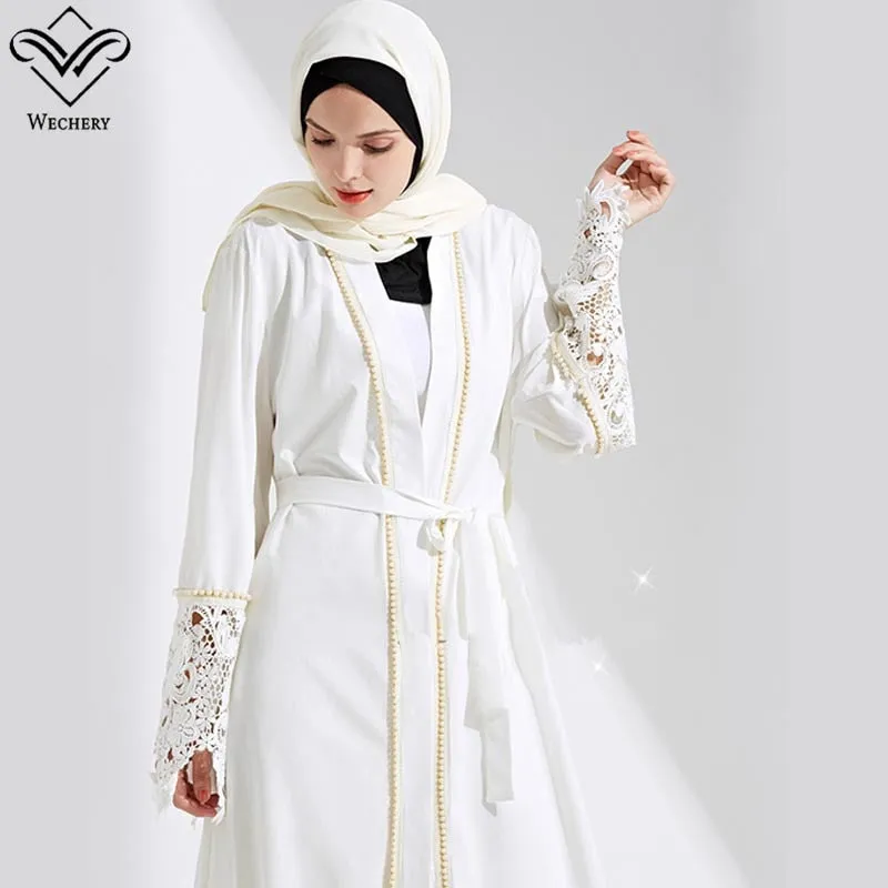 Wechery White Black Muslim Dress Robe Hijab Islam Lace Floral Abaya Women Maxi Islamic Clothing Eid Mubarak Garments