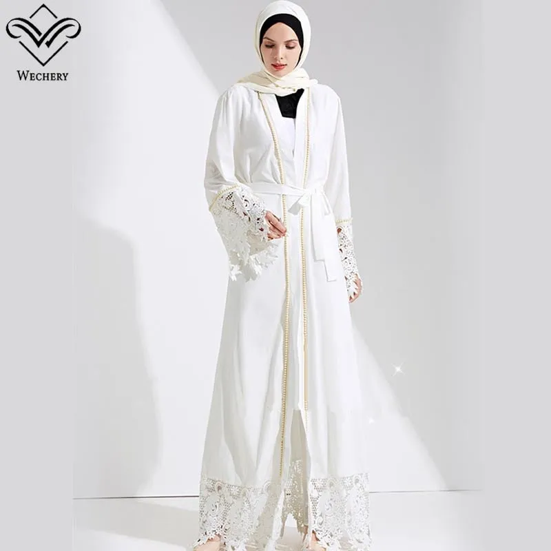 Wechery White Black Muslim Dress Robe Hijab Islam Lace Floral Abaya Women Maxi Islamic Clothing Eid Mubarak Garments