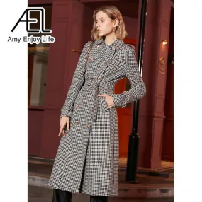 Winter Wool Houndstooth Trench Coat for Women