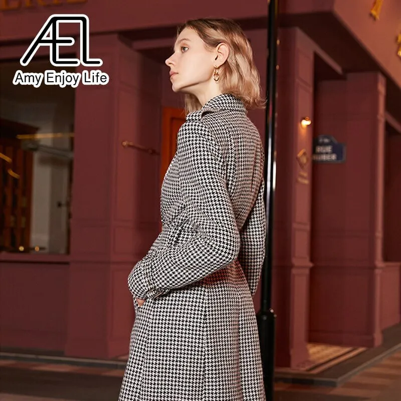 Winter Wool Houndstooth Trench Coat for Women