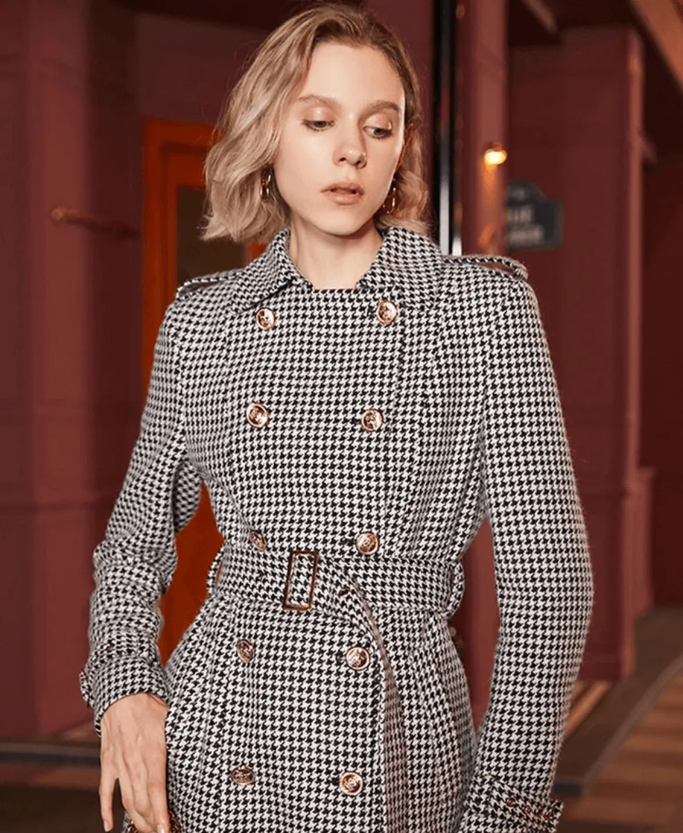 Winter Wool Houndstooth Trench Coat for Women