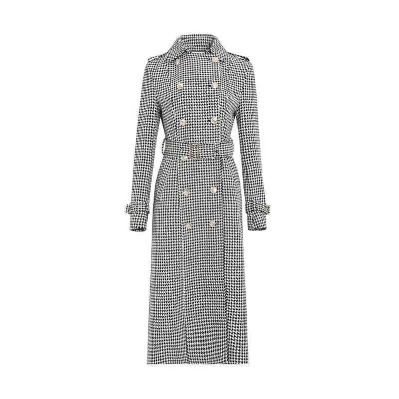 Winter Wool Houndstooth Trench Coat for Women