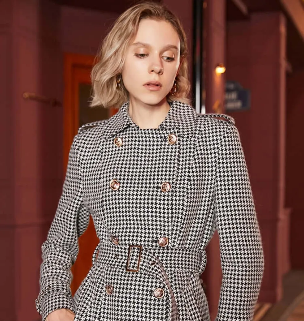 Winter Wool Houndstooth Trench Coat for Women