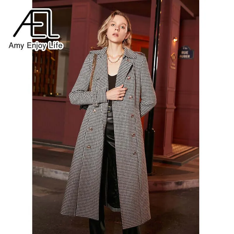 Winter Wool Houndstooth Trench Coat for Women