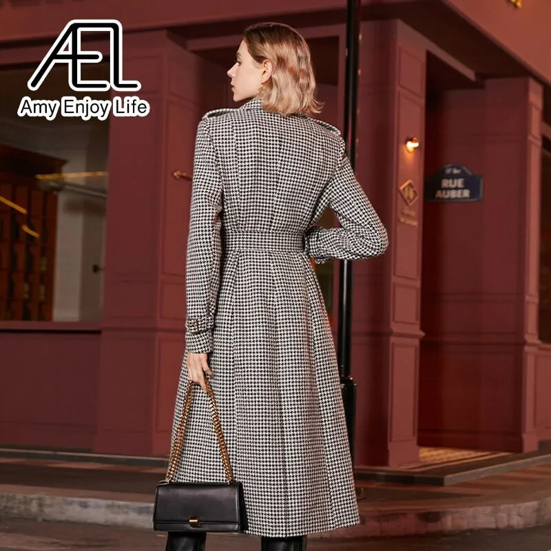 Winter Wool Houndstooth Trench Coat for Women